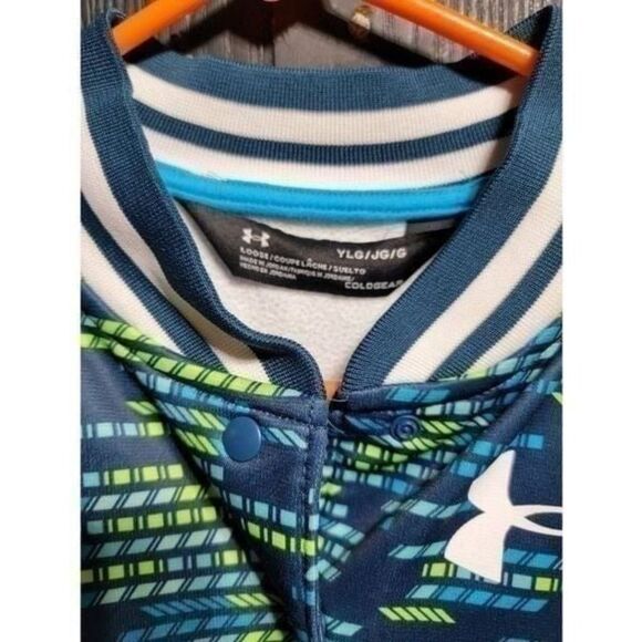 Under Armour Fleece Bomber Jacket Snap Up Varsity Cold Gear Loose Fit Size YLarg - Picture 2 of 3